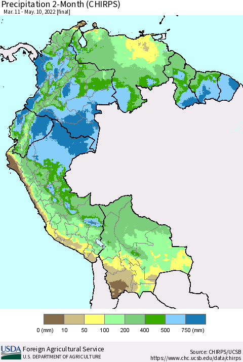Northern South America Precipitation 2-Month (CHIRPS) Thematic Map For 3/11/2022 - 5/10/2022