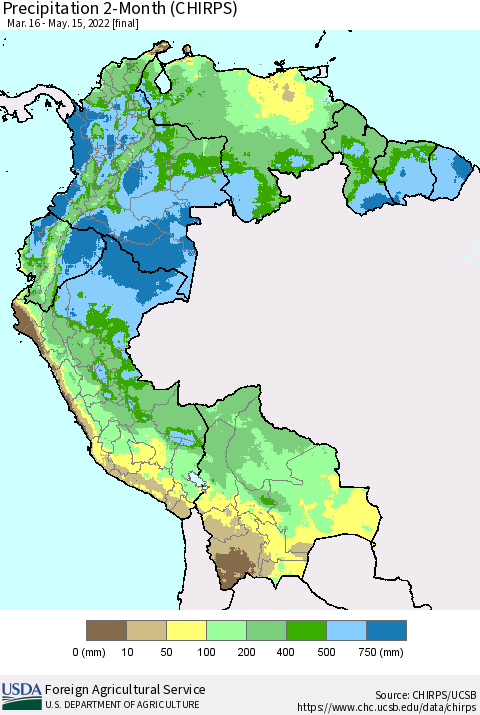 Northern South America Precipitation 2-Month (CHIRPS) Thematic Map For 3/16/2022 - 5/15/2022