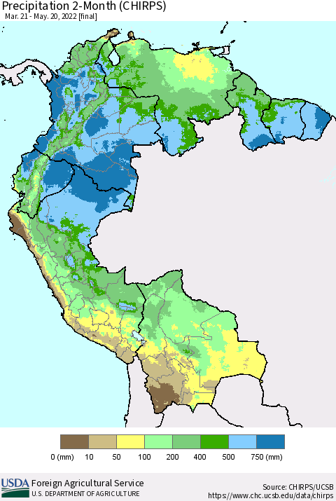 Northern South America Precipitation 2-Month (CHIRPS) Thematic Map For 3/21/2022 - 5/20/2022