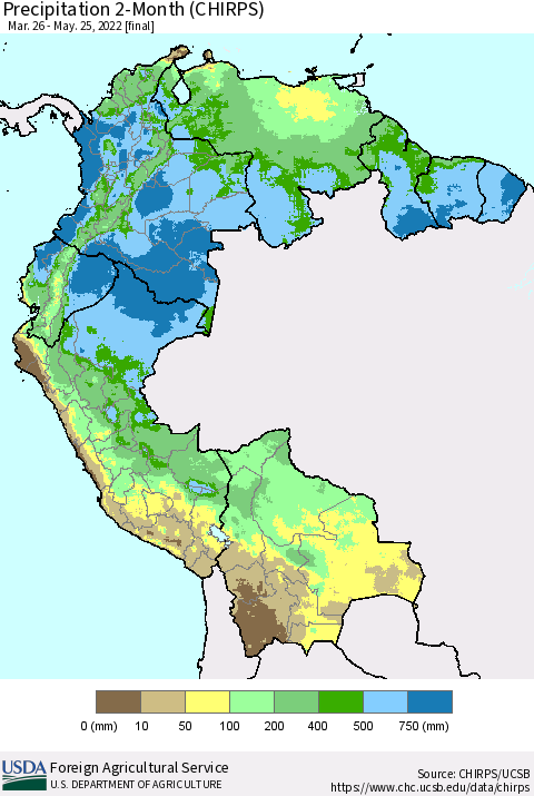 Northern South America Precipitation 2-Month (CHIRPS) Thematic Map For 3/26/2022 - 5/25/2022