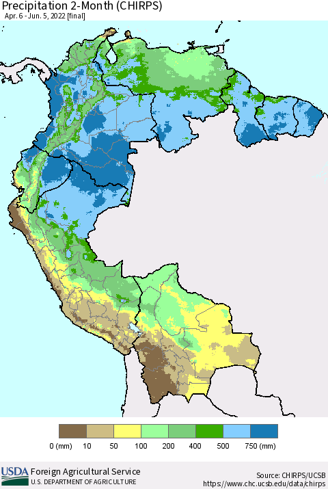Northern South America Precipitation 2-Month (CHIRPS) Thematic Map For 4/6/2022 - 6/5/2022