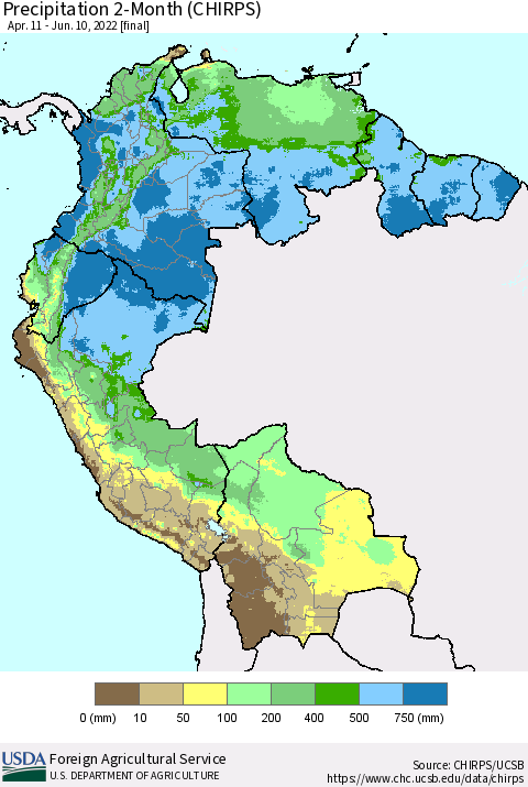 Northern South America Precipitation 2-Month (CHIRPS) Thematic Map For 4/11/2022 - 6/10/2022