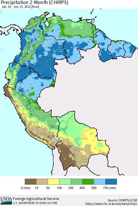 Northern South America Precipitation 2-Month (CHIRPS) Thematic Map For 4/16/2022 - 6/15/2022