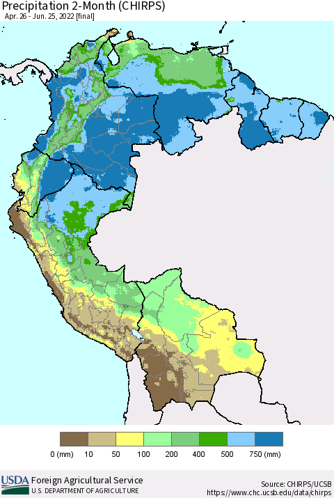 Northern South America Precipitation 2-Month (CHIRPS) Thematic Map For 4/26/2022 - 6/25/2022