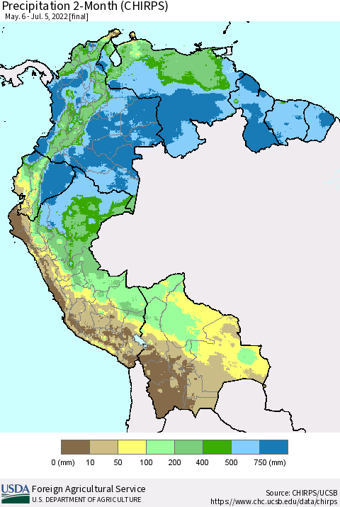 Northern South America Precipitation 2-Month (CHIRPS) Thematic Map For 5/6/2022 - 7/5/2022