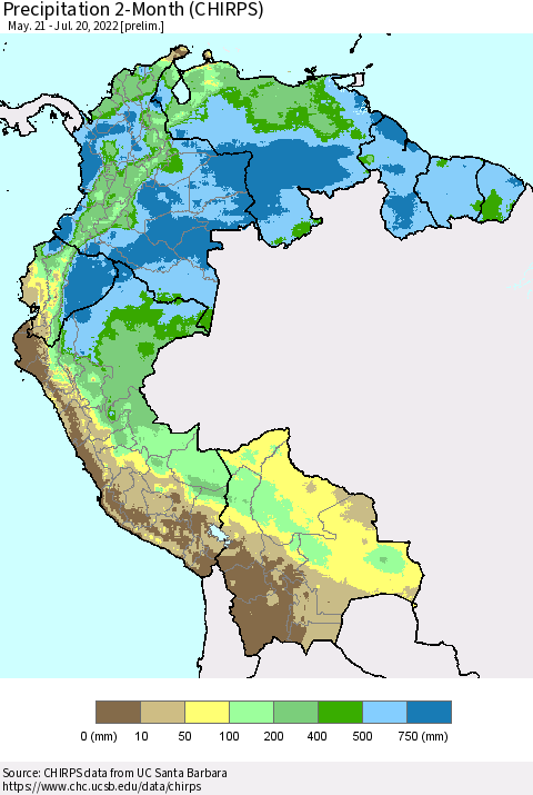 Northern South America Precipitation 2-Month (CHIRPS) Thematic Map For 5/21/2022 - 7/20/2022