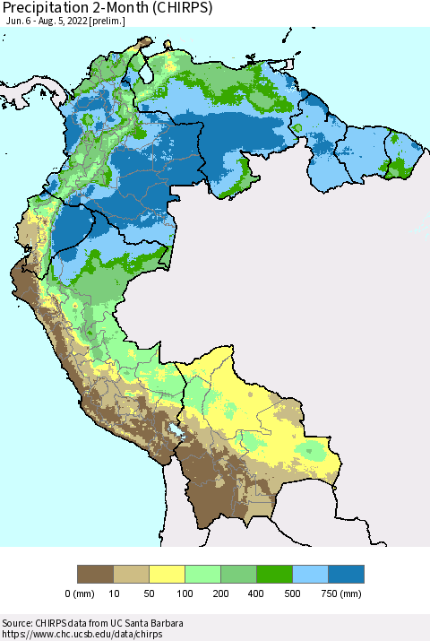 Northern South America Precipitation 2-Month (CHIRPS) Thematic Map For 6/6/2022 - 8/5/2022