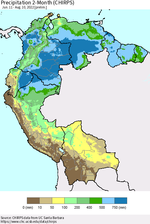 Northern South America Precipitation 2-Month (CHIRPS) Thematic Map For 6/11/2022 - 8/10/2022