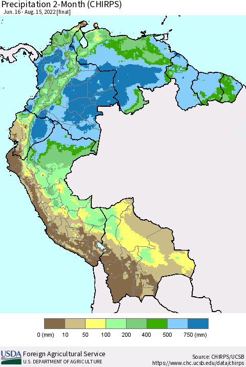 Northern South America Precipitation 2-Month (CHIRPS) Thematic Map For 6/16/2022 - 8/15/2022