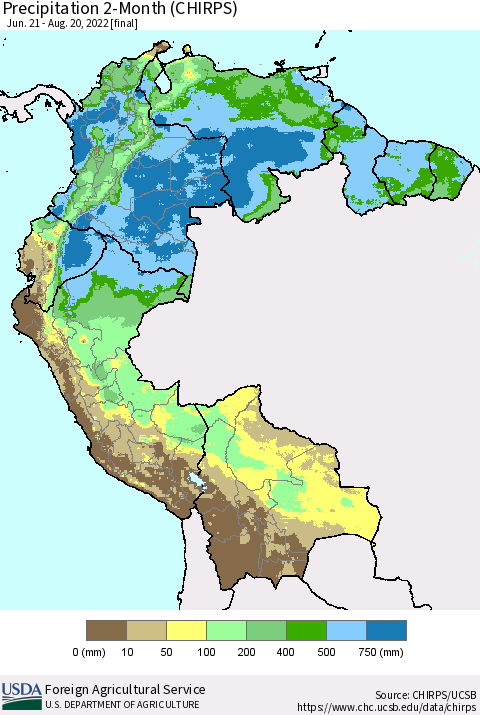 Northern South America Precipitation 2-Month (CHIRPS) Thematic Map For 6/21/2022 - 8/20/2022