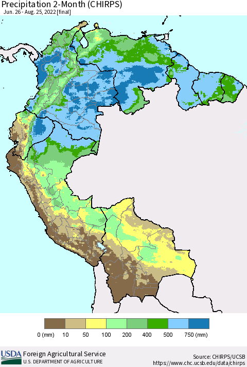 Northern South America Precipitation 2-Month (CHIRPS) Thematic Map For 6/26/2022 - 8/25/2022