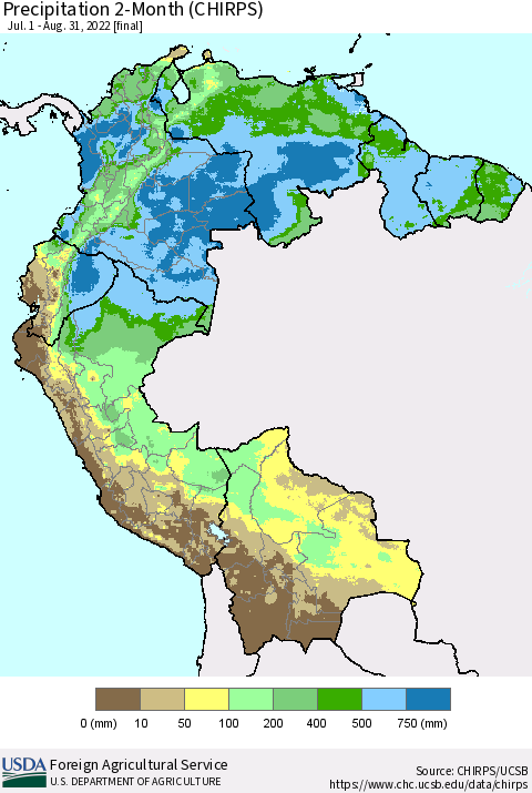 Northern South America Precipitation 2-Month (CHIRPS) Thematic Map For 7/1/2022 - 8/31/2022