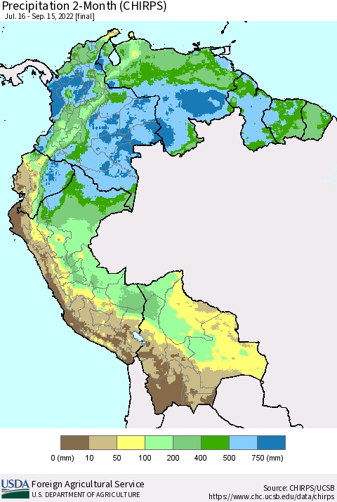 Northern South America Precipitation 2-Month (CHIRPS) Thematic Map For 7/16/2022 - 9/15/2022