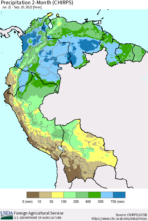Northern South America Precipitation 2-Month (CHIRPS) Thematic Map For 7/21/2022 - 9/20/2022