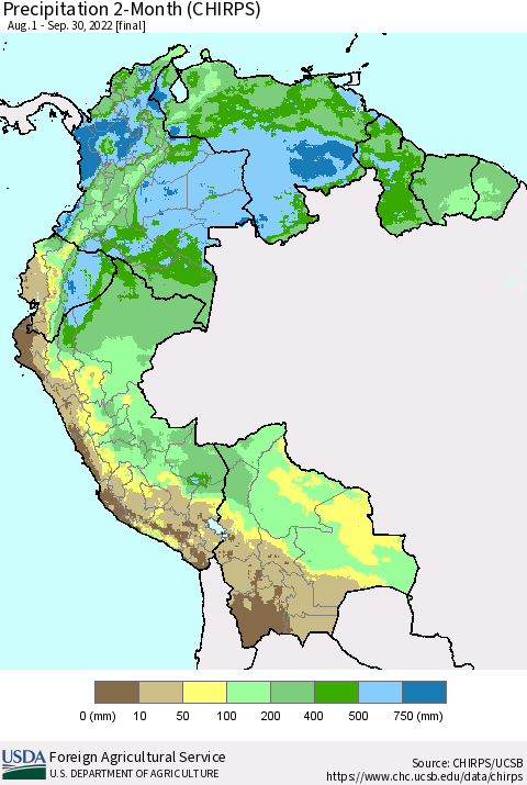 Northern South America Precipitation 2-Month (CHIRPS) Thematic Map For 8/1/2022 - 9/30/2022