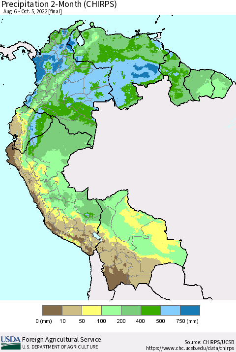 Northern South America Precipitation 2-Month (CHIRPS) Thematic Map For 8/6/2022 - 10/5/2022