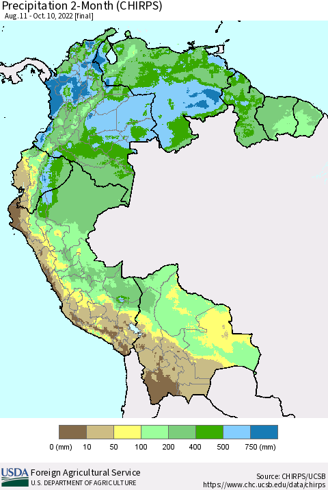 Northern South America Precipitation 2-Month (CHIRPS) Thematic Map For 8/11/2022 - 10/10/2022