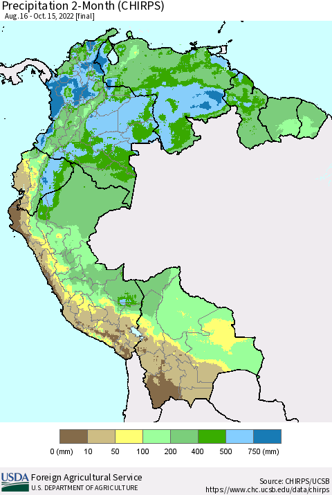 Northern South America Precipitation 2-Month (CHIRPS) Thematic Map For 8/16/2022 - 10/15/2022