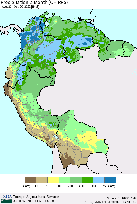 Northern South America Precipitation 2-Month (CHIRPS) Thematic Map For 8/21/2022 - 10/20/2022