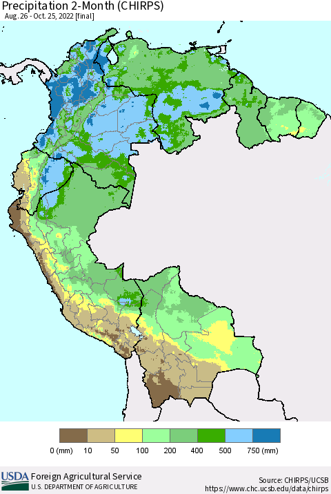 Northern South America Precipitation 2-Month (CHIRPS) Thematic Map For 8/26/2022 - 10/25/2022