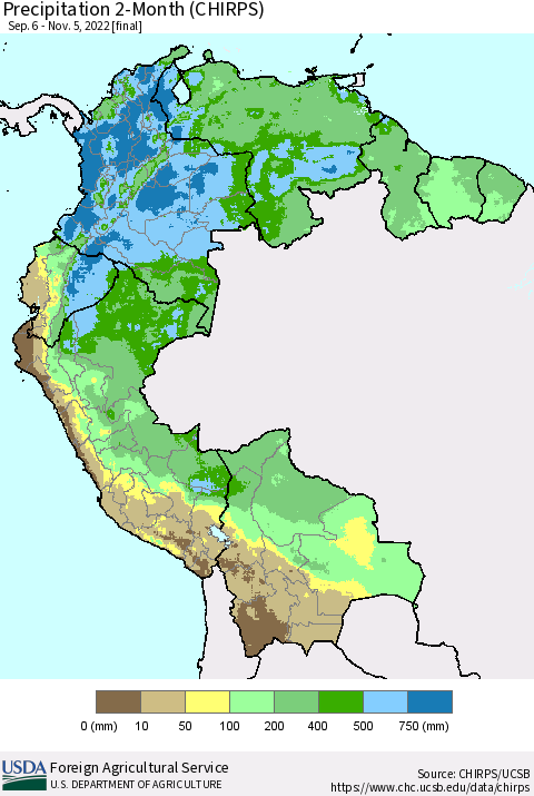 Northern South America Precipitation 2-Month (CHIRPS) Thematic Map For 9/6/2022 - 11/5/2022