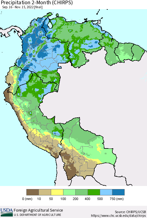Northern South America Precipitation 2-Month (CHIRPS) Thematic Map For 9/16/2022 - 11/15/2022