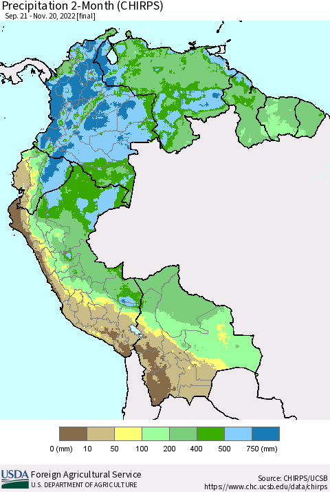 Northern South America Precipitation 2-Month (CHIRPS) Thematic Map For 9/21/2022 - 11/20/2022