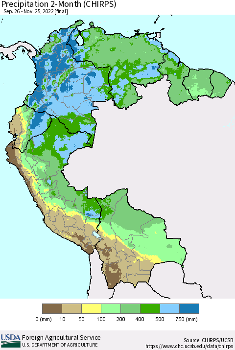Northern South America Precipitation 2-Month (CHIRPS) Thematic Map For 9/26/2022 - 11/25/2022