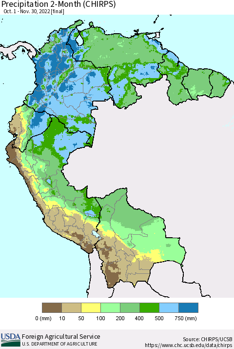 Northern South America Precipitation 2-Month (CHIRPS) Thematic Map For 10/1/2022 - 11/30/2022