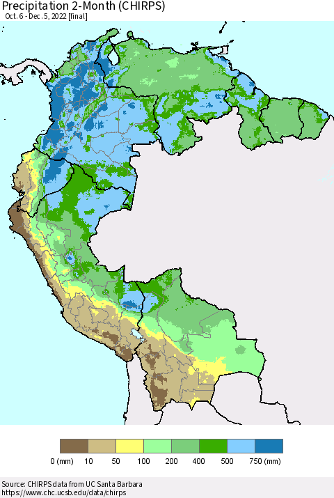 Northern South America Precipitation 2-Month (CHIRPS) Thematic Map For 10/6/2022 - 12/5/2022