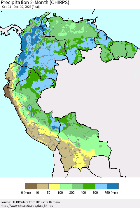 Northern South America Precipitation 2-Month (CHIRPS) Thematic Map For 10/11/2022 - 12/10/2022