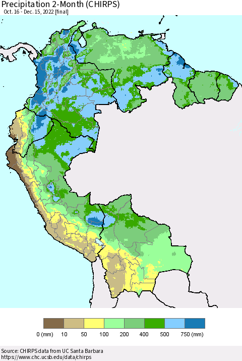 Northern South America Precipitation 2-Month (CHIRPS) Thematic Map For 10/16/2022 - 12/15/2022