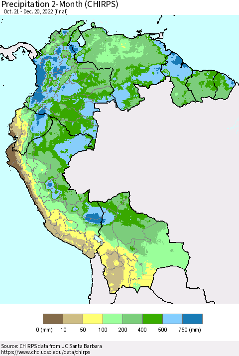 Northern South America Precipitation 2-Month (CHIRPS) Thematic Map For 10/21/2022 - 12/20/2022