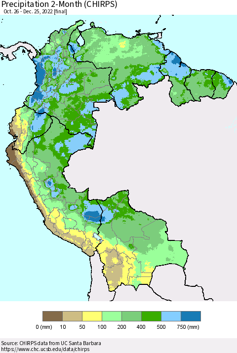 Northern South America Precipitation 2-Month (CHIRPS) Thematic Map For 10/26/2022 - 12/25/2022