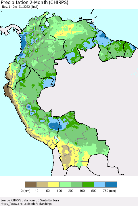 Northern South America Precipitation 2-Month (CHIRPS) Thematic Map For 11/1/2022 - 12/31/2022