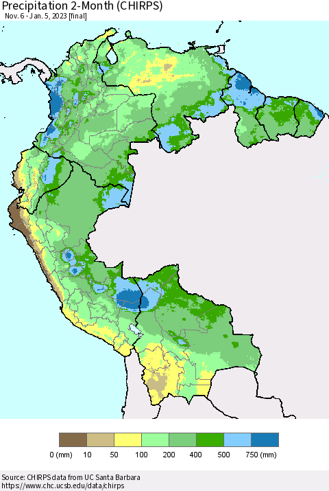 Northern South America Precipitation 2-Month (CHIRPS) Thematic Map For 11/6/2022 - 1/5/2023