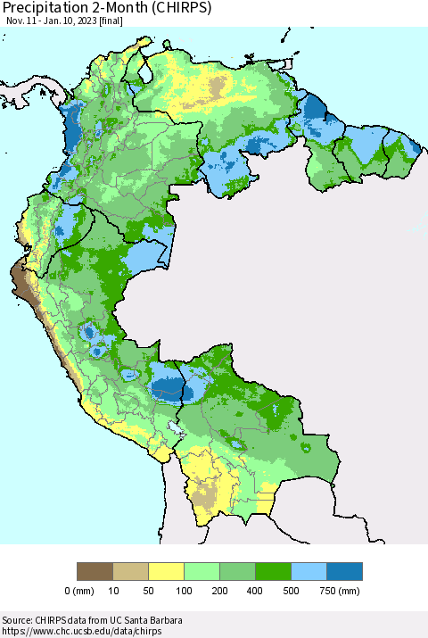 Northern South America Precipitation 2-Month (CHIRPS) Thematic Map For 11/11/2022 - 1/10/2023