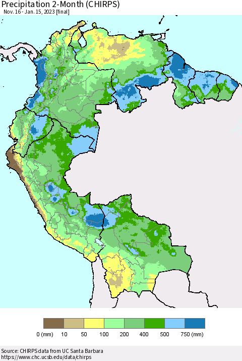 Northern South America Precipitation 2-Month (CHIRPS) Thematic Map For 11/16/2022 - 1/15/2023