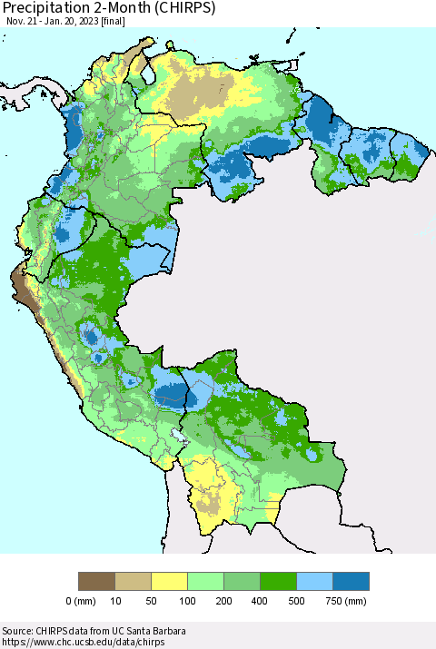 Northern South America Precipitation 2-Month (CHIRPS) Thematic Map For 11/21/2022 - 1/20/2023