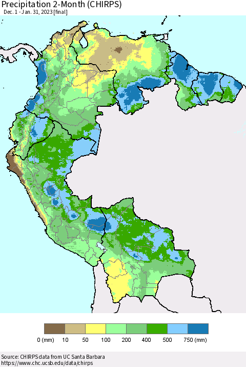 Northern South America Precipitation 2-Month (CHIRPS) Thematic Map For 12/1/2022 - 1/31/2023
