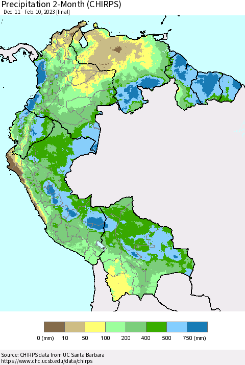 Northern South America Precipitation 2-Month (CHIRPS) Thematic Map For 12/11/2022 - 2/10/2023