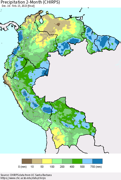 Northern South America Precipitation 2-Month (CHIRPS) Thematic Map For 12/16/2022 - 2/15/2023