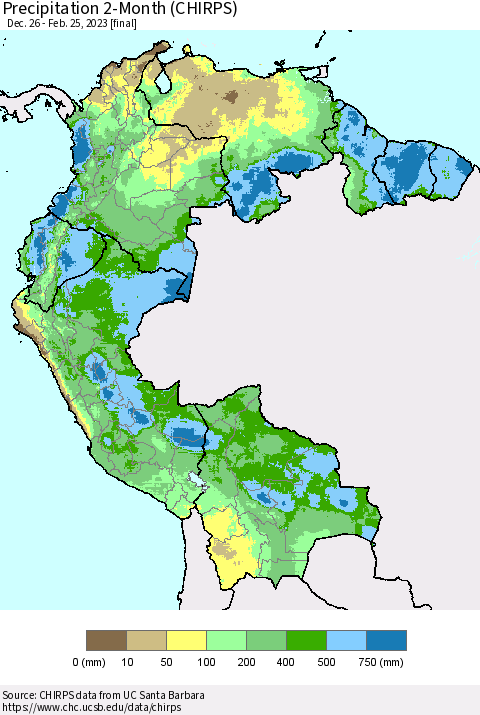 Northern South America Precipitation 2-Month (CHIRPS) Thematic Map For 12/26/2022 - 2/25/2023