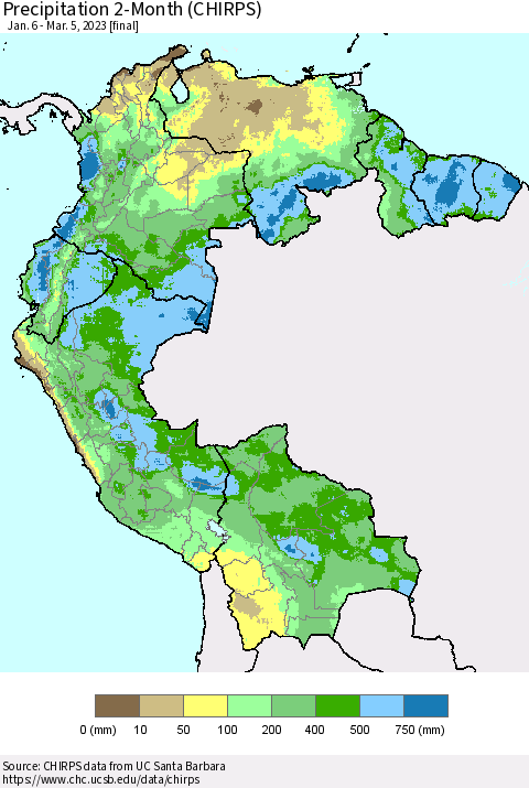 Northern South America Precipitation 2-Month (CHIRPS) Thematic Map For 1/6/2023 - 3/5/2023
