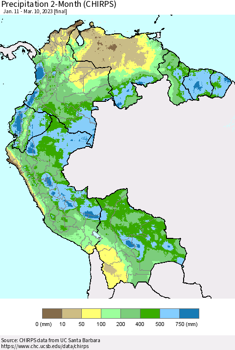 Northern South America Precipitation 2-Month (CHIRPS) Thematic Map For 1/11/2023 - 3/10/2023