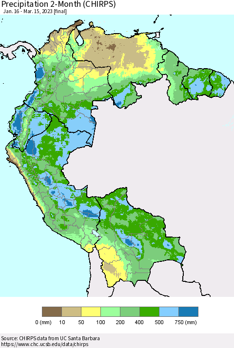 Northern South America Precipitation 2-Month (CHIRPS) Thematic Map For 1/16/2023 - 3/15/2023