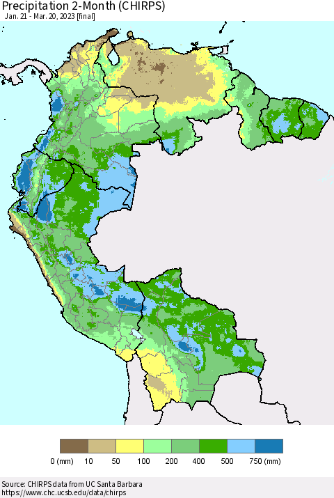 Northern South America Precipitation 2-Month (CHIRPS) Thematic Map For 1/21/2023 - 3/20/2023
