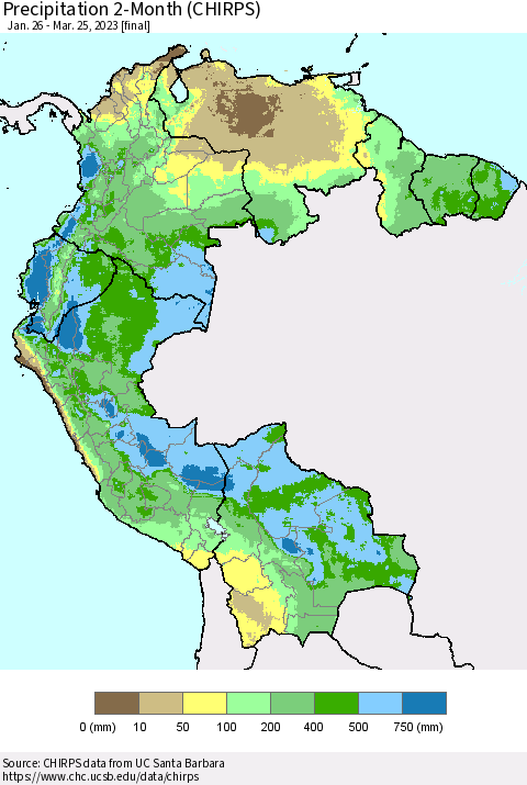 Northern South America Precipitation 2-Month (CHIRPS) Thematic Map For 1/26/2023 - 3/25/2023