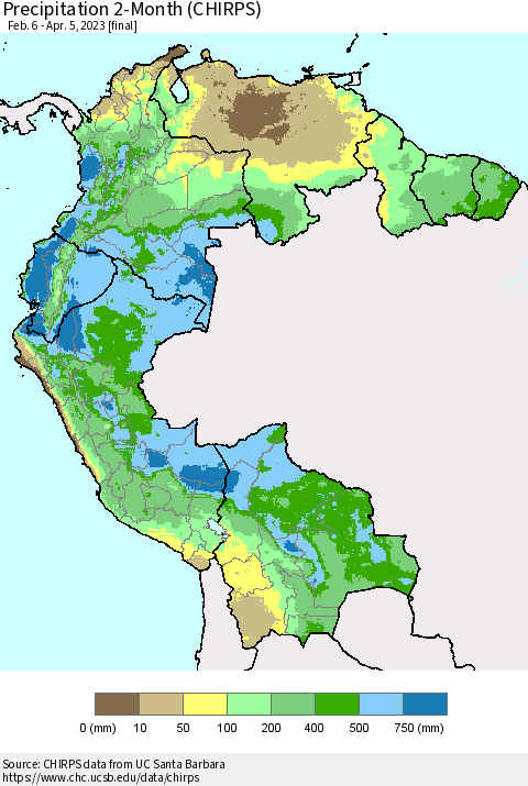 Northern South America Precipitation 2-Month (CHIRPS) Thematic Map For 2/6/2023 - 4/5/2023