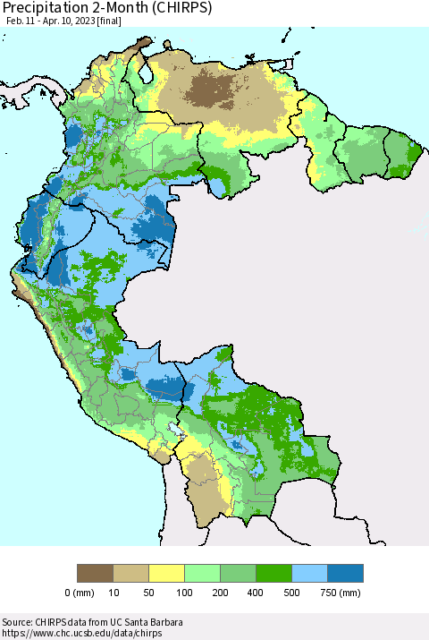 Northern South America Precipitation 2-Month (CHIRPS) Thematic Map For 2/11/2023 - 4/10/2023